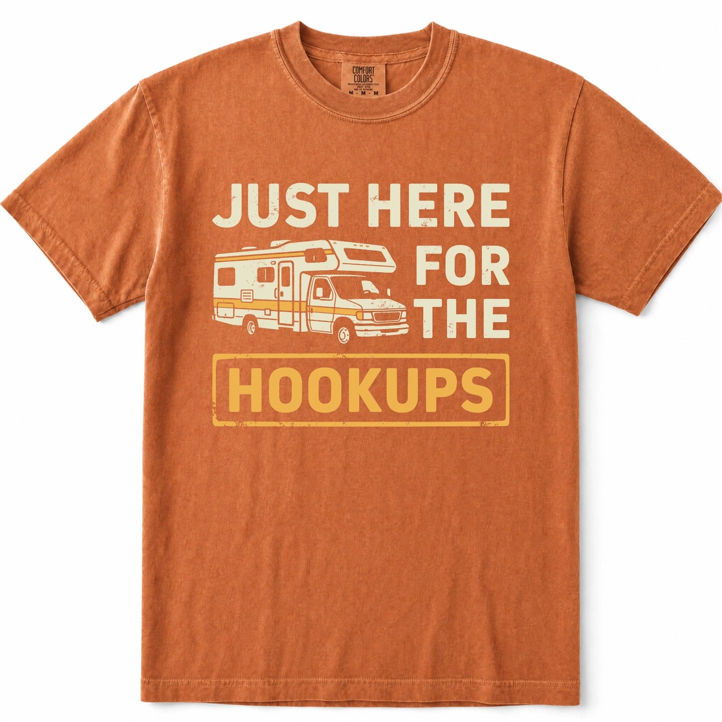 Yam crewneck t-shirt featuring a vintage-style graphic print of an RV and the text 'JUST HERE FOR THE HOOKUPS' in cream and yellow.