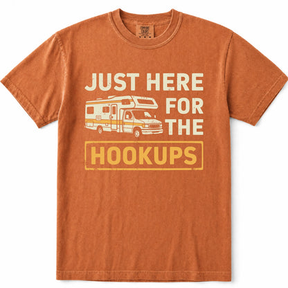 Yam crewneck t-shirt featuring a vintage-style graphic print of an RV and the text 'JUST HERE FOR THE HOOKUPS' in cream and yellow.