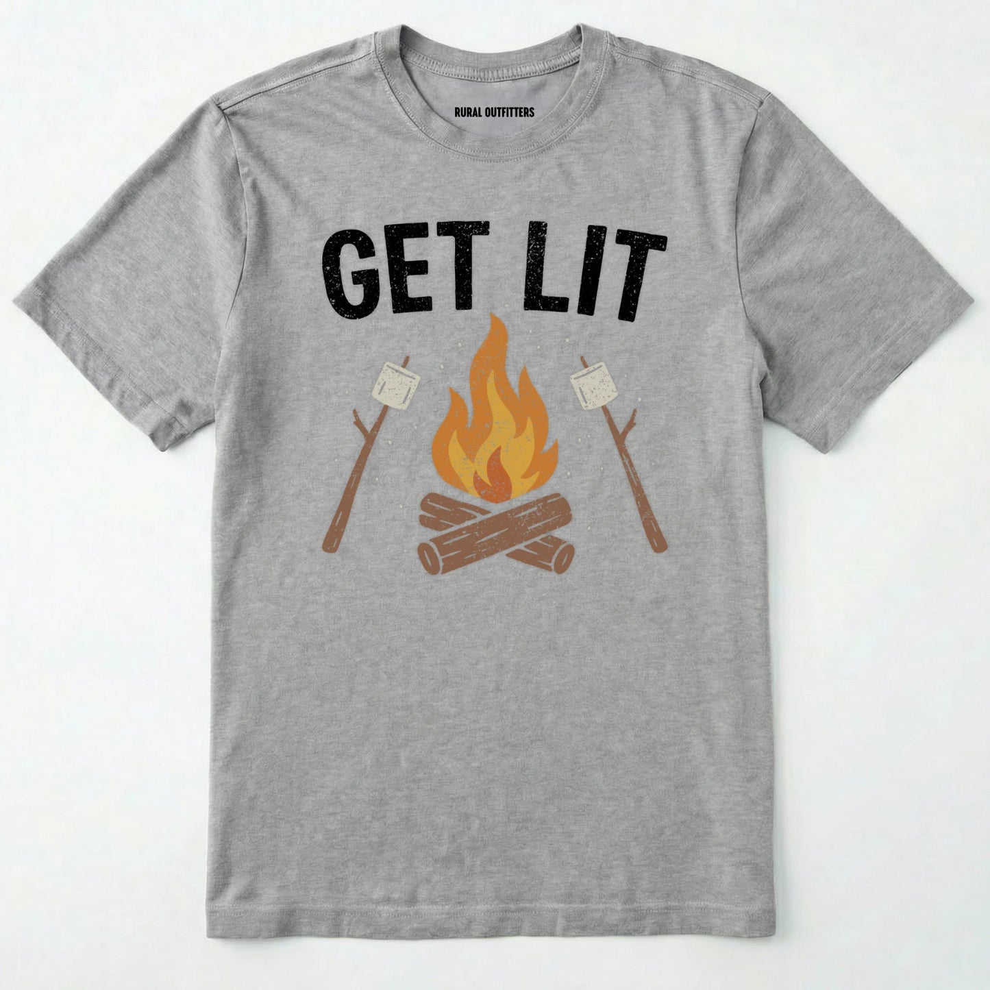 Sport Grey let⊙s get lit shirt with campfire and marshmallows graphic on a white background.