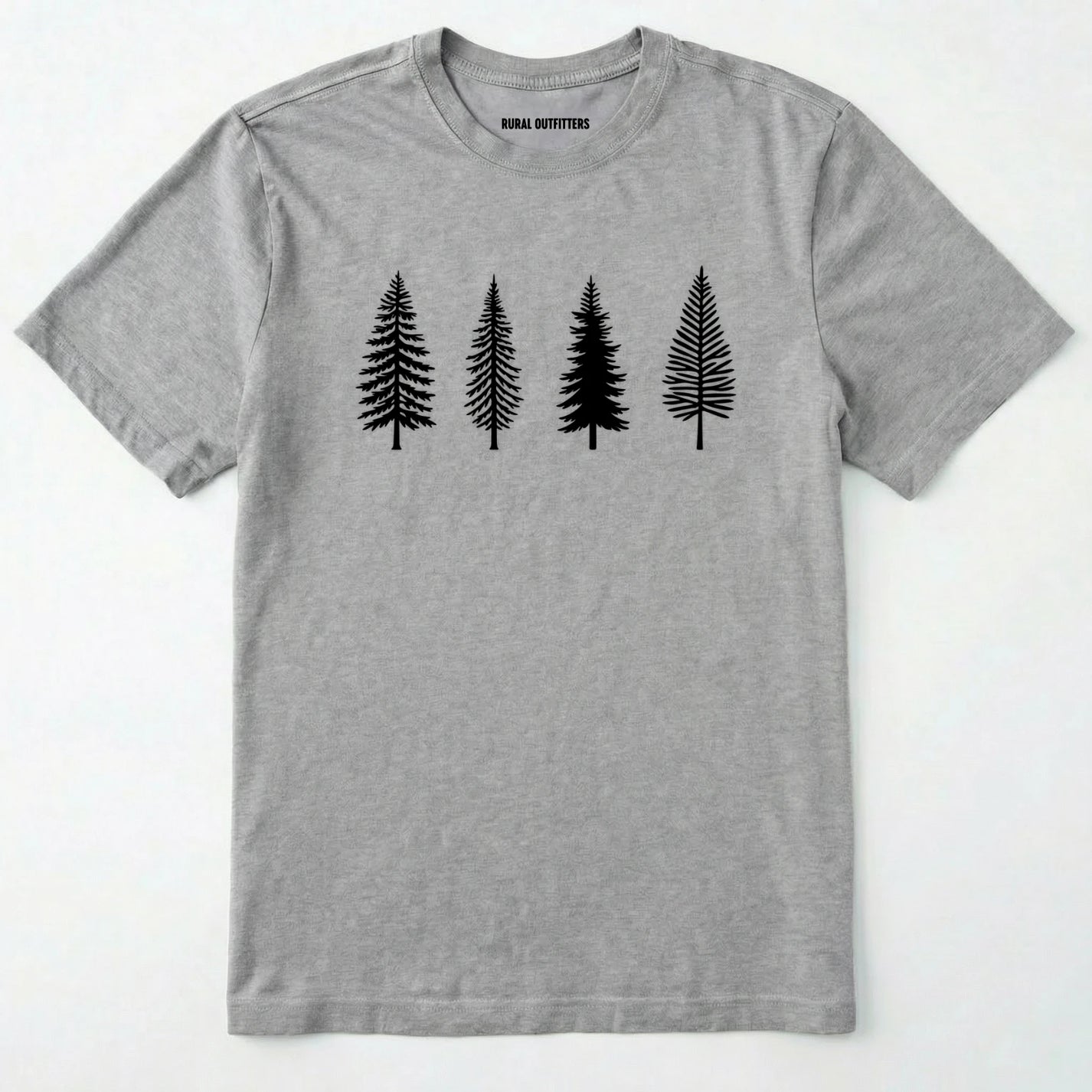 Sport Grey pine tree shirt with minimalist forest graphic on a plain white background