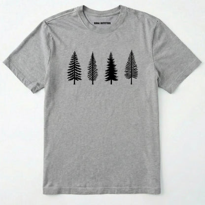 Sport Grey pine tree shirt with minimalist forest graphic on a plain white background