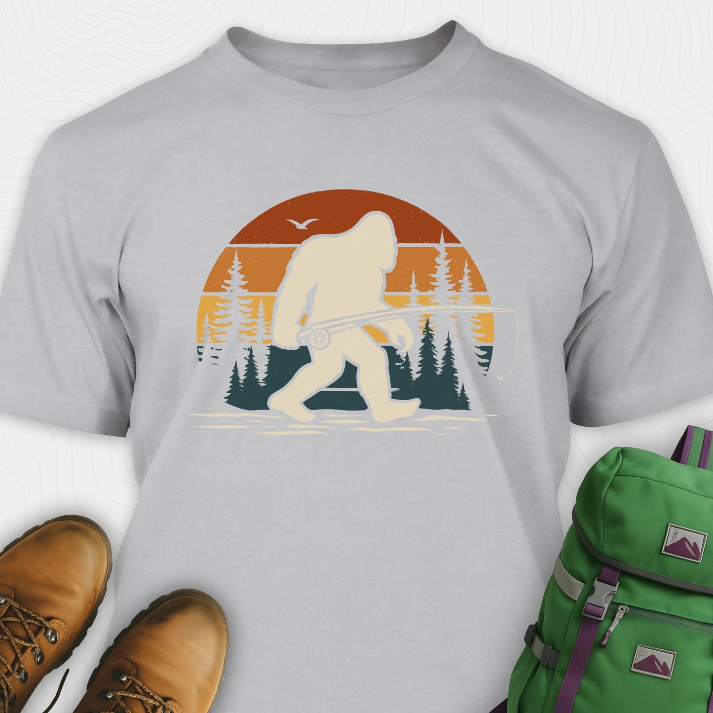 Grey bigfoot fishing shirt with retro forest background