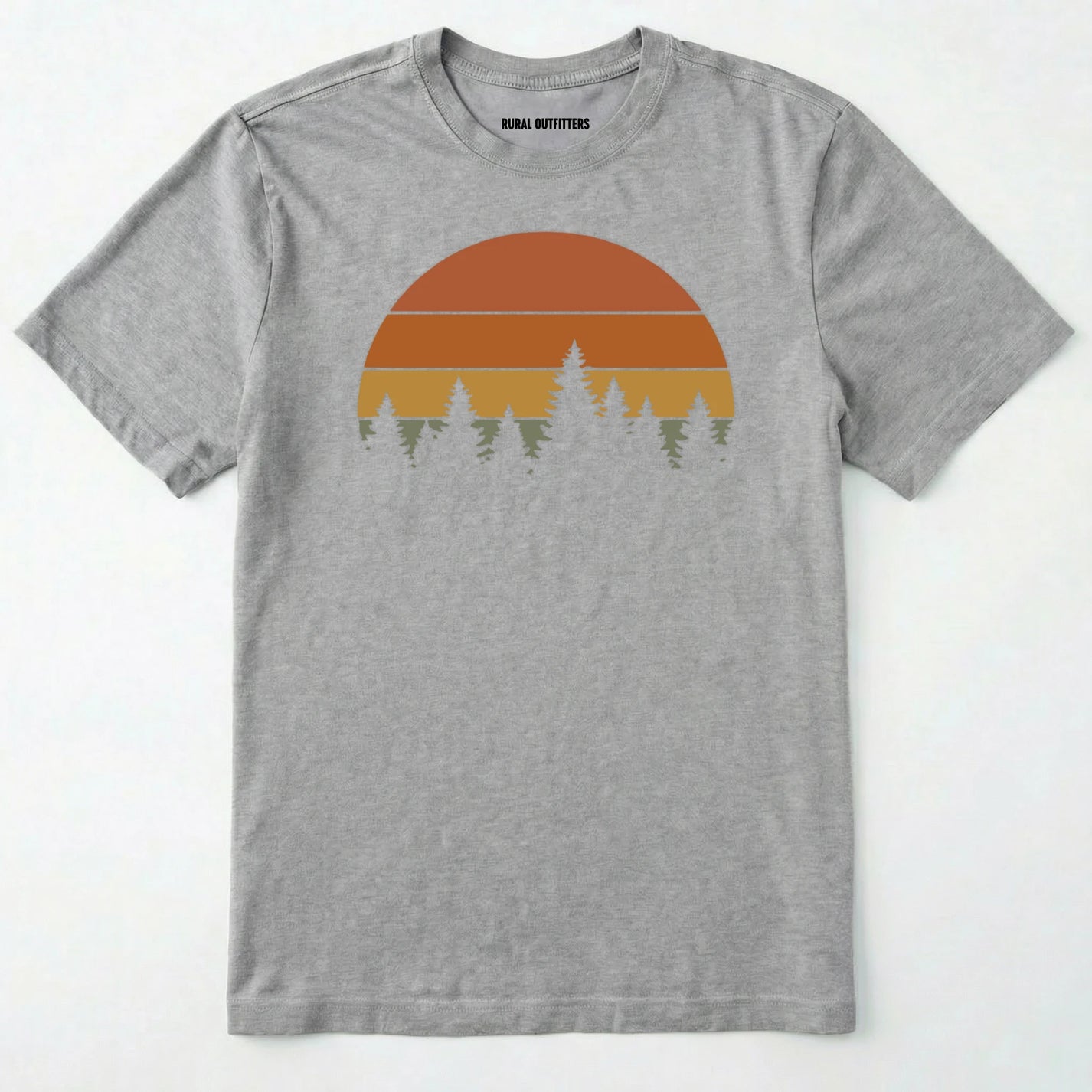 Sport Grey vintage sunset t-shirt with retro forest silhouette graphic on a white background.