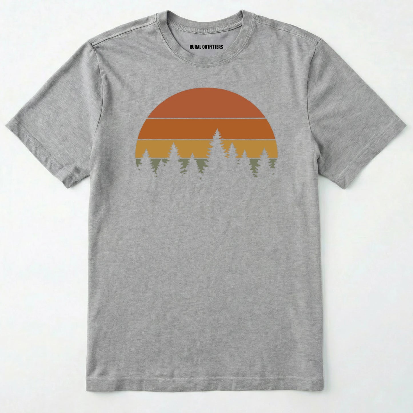 Sport Grey vintage sunset t-shirt with retro forest silhouette graphic on a white background.