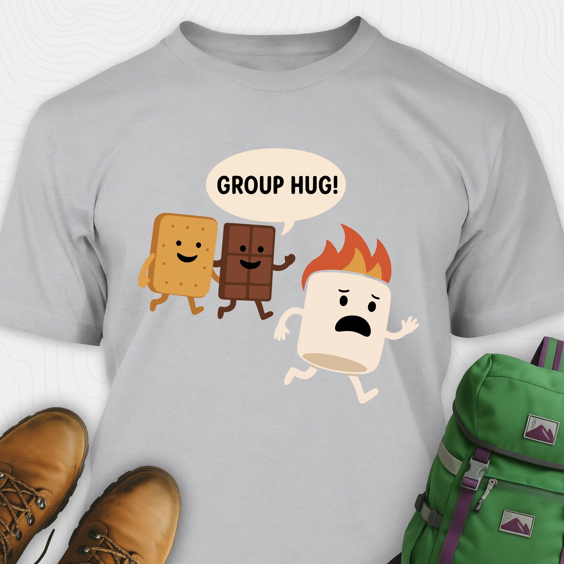 Gray smores shirt with marshmallow chocolate and graham cracker characters with "group hug!" text