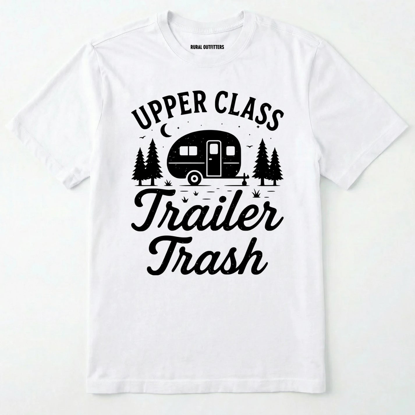 White Upper Class Trailer Trash t-shirt with camper graphic on a white background