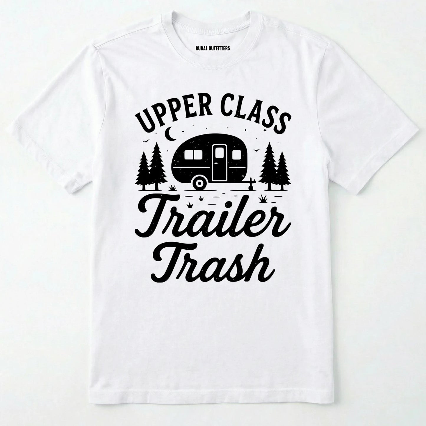White Upper Class Trailer Trash t-shirt with camper graphic on a white background