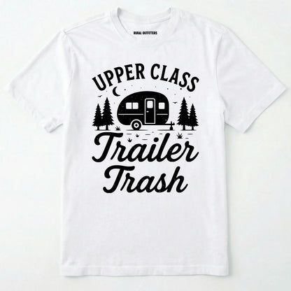 White Upper Class Trailer Trash t-shirt with camper graphic on a white background