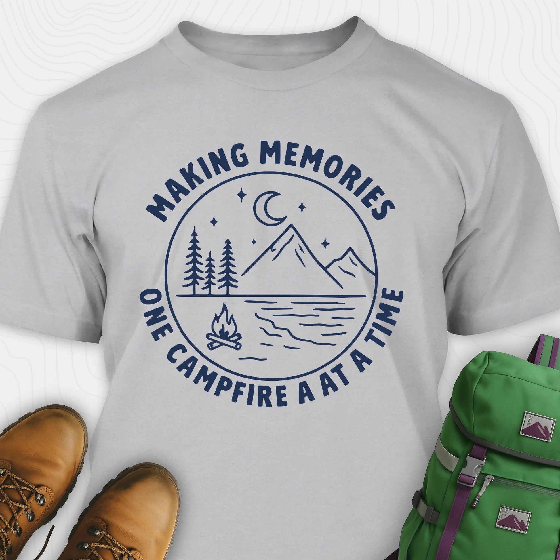 Grey making memories t-shirt with mountains and moon graphic