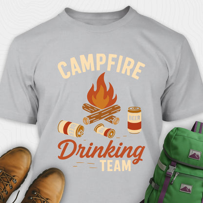 Gray campfire drinking team t-shirt with beer cans and campfire graphic