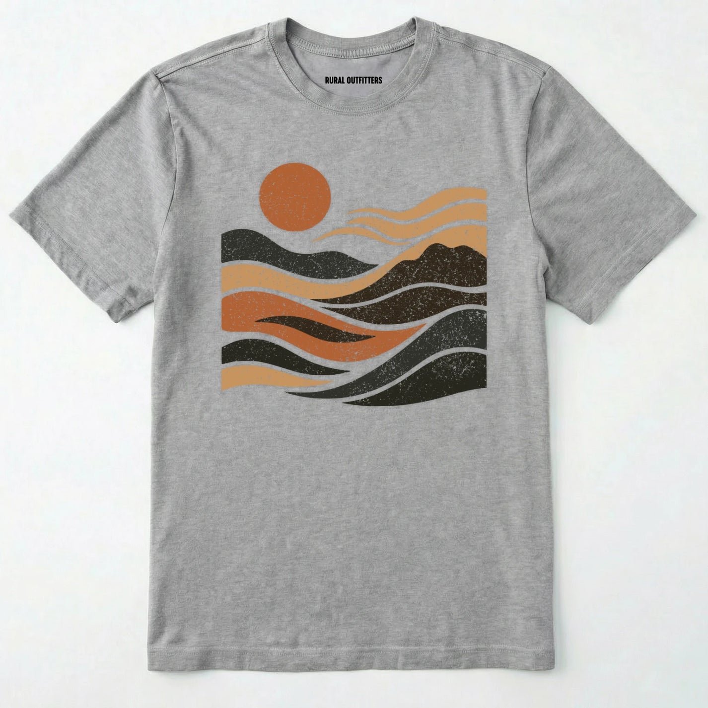 Sport Grey t-shirt with a graphic of a sun and mountains on a white background
