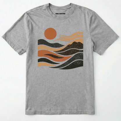 Sport Grey t-shirt with a graphic of a sun and mountains on a white background