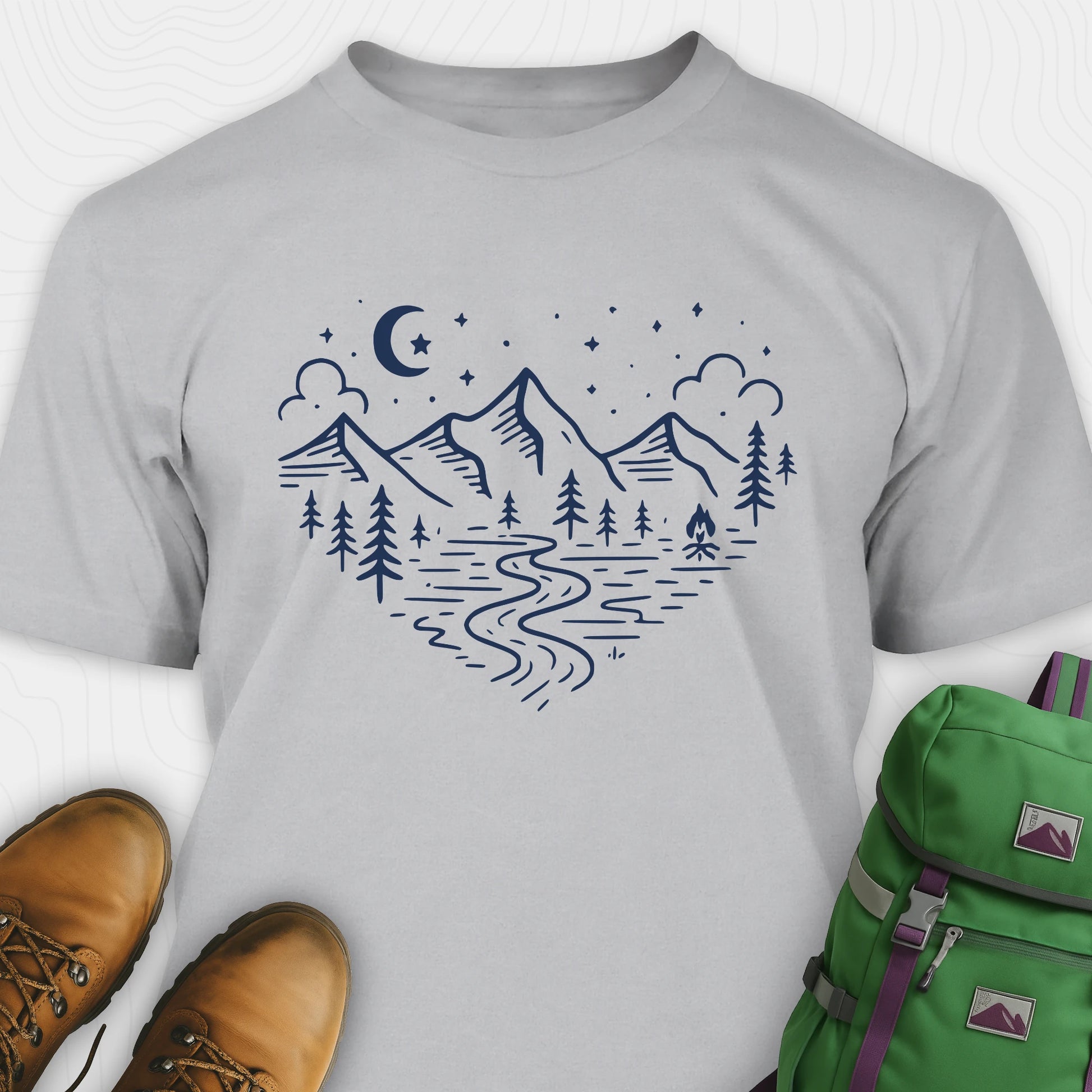 Grey love nature t-shirt with mountain and forest heart graphic