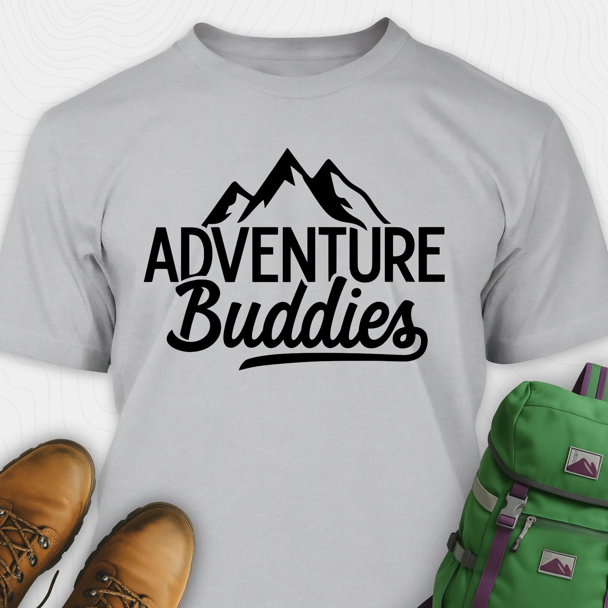 Grey adventure buddies t-shirt featuring mountain design