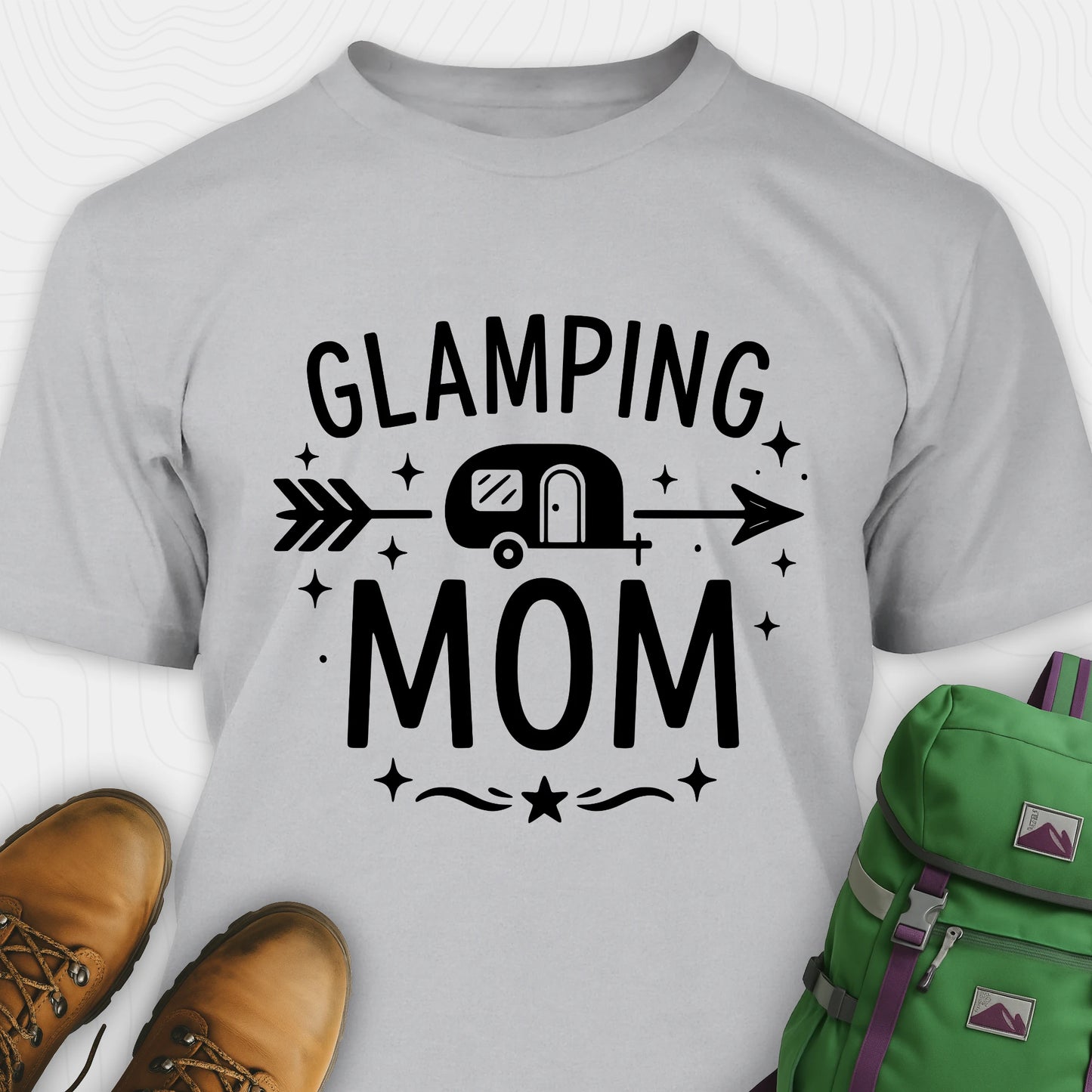Gray glamping mom shirt with camper and arrow design