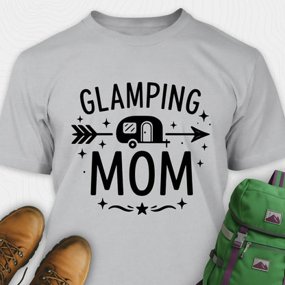 Gray glamping mom shirt with camper and arrow design