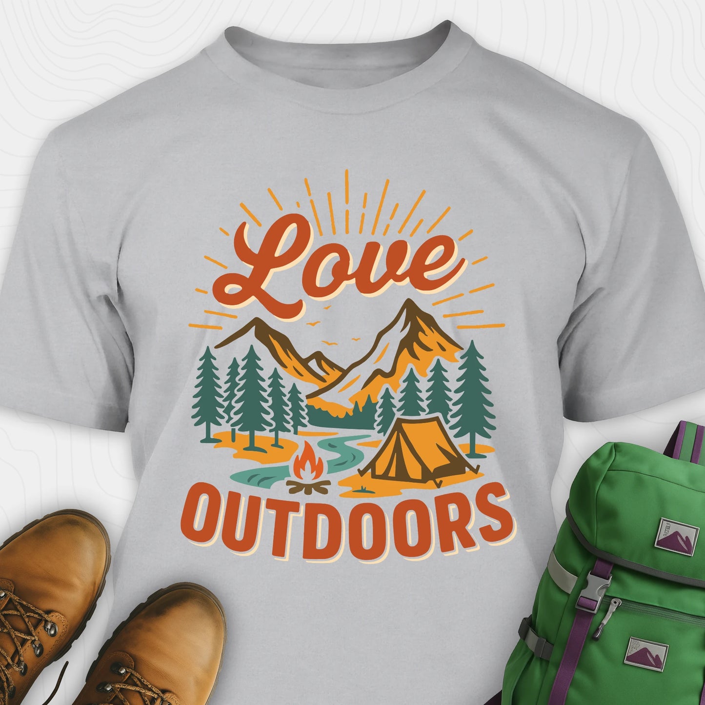 Grey campground t-shirt with retro camping scene and tent design featuring "love outdoors" text