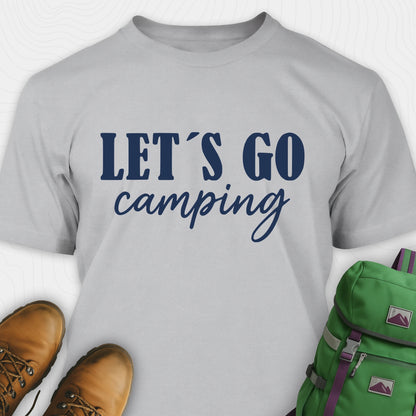 Grey lets go camping shirt with simple adventure typography