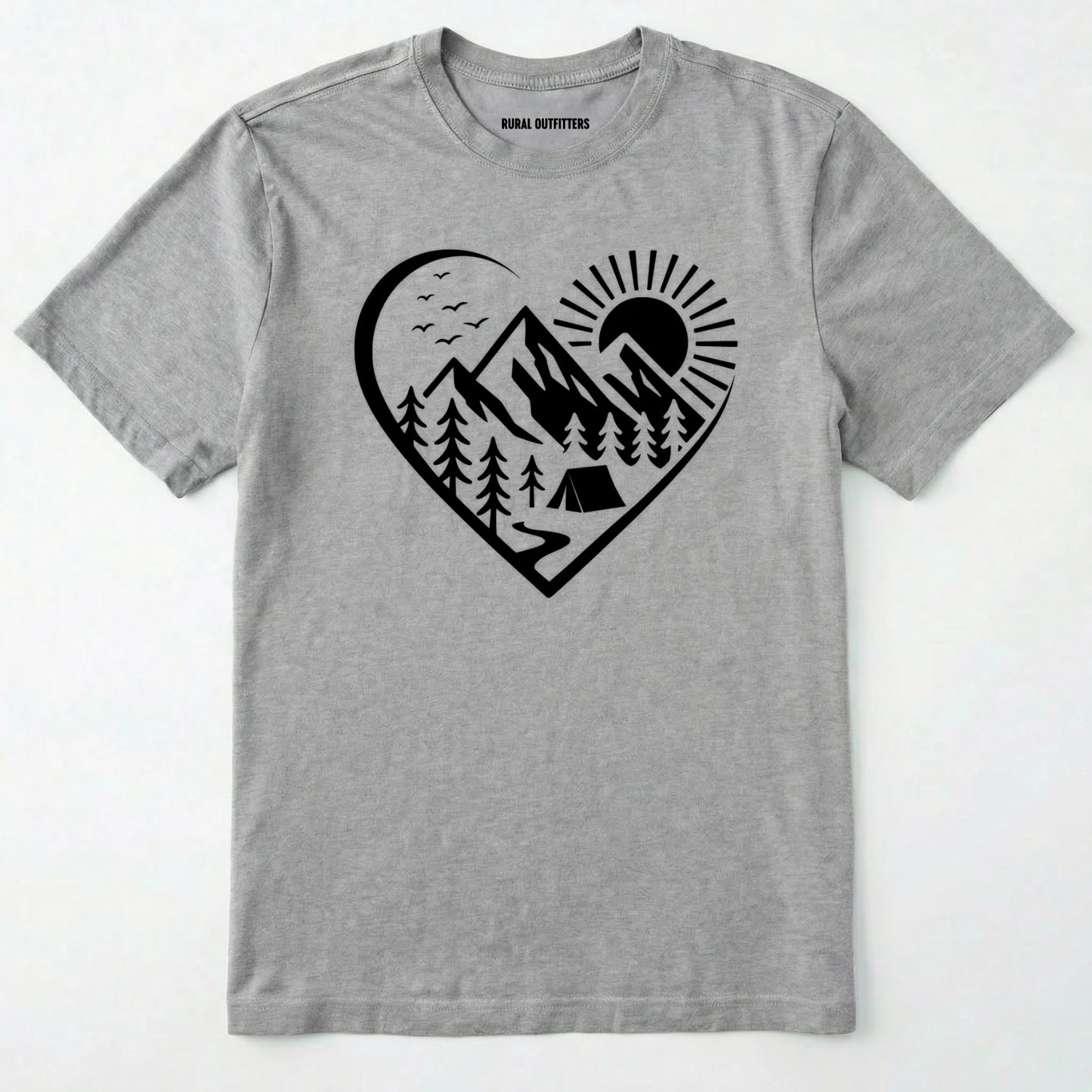 Sport Grey nature t-shirt featuring a heart graphic with mountains, trees, and tent illustration