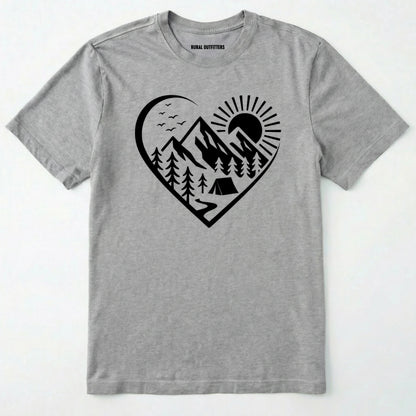 Sport Grey nature t-shirt featuring a heart graphic with mountains, trees, and tent illustration