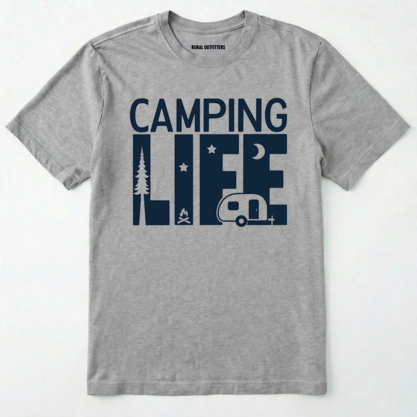 Sport Grey camp life shirt featuring a camper and a pine tree design on a white background.