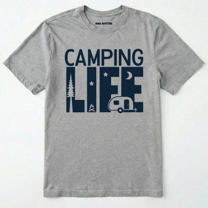 Sport Grey camp life shirt featuring a camper and a pine tree design on a white background.