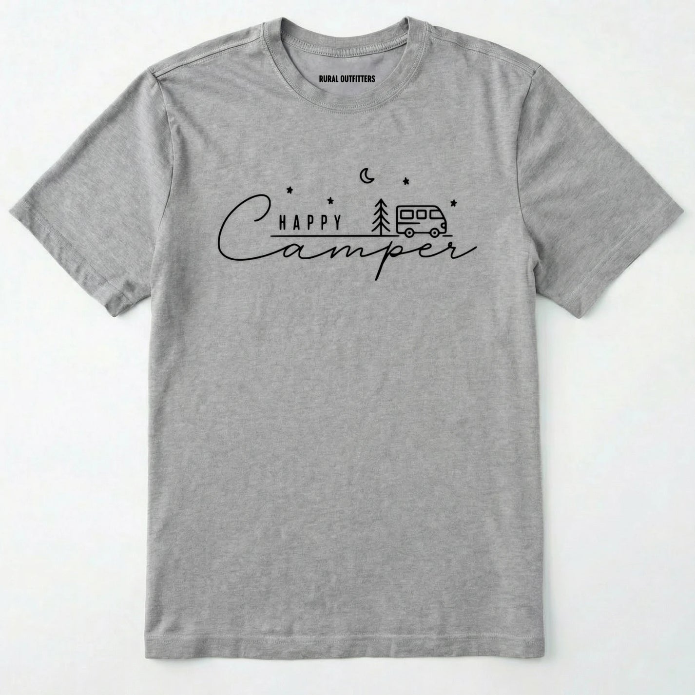 Sport Grey happy camper tee with minimalist camper and night sky design on a white background