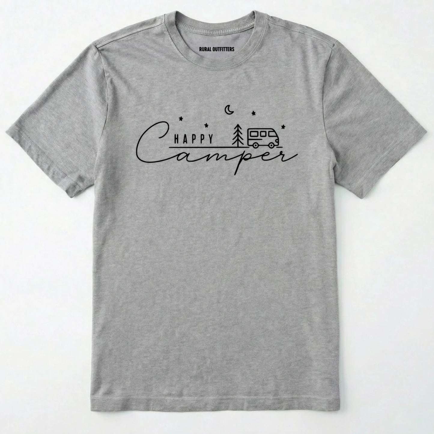 Sport Grey happy camper tee with minimalist camper and night sky design on a white background