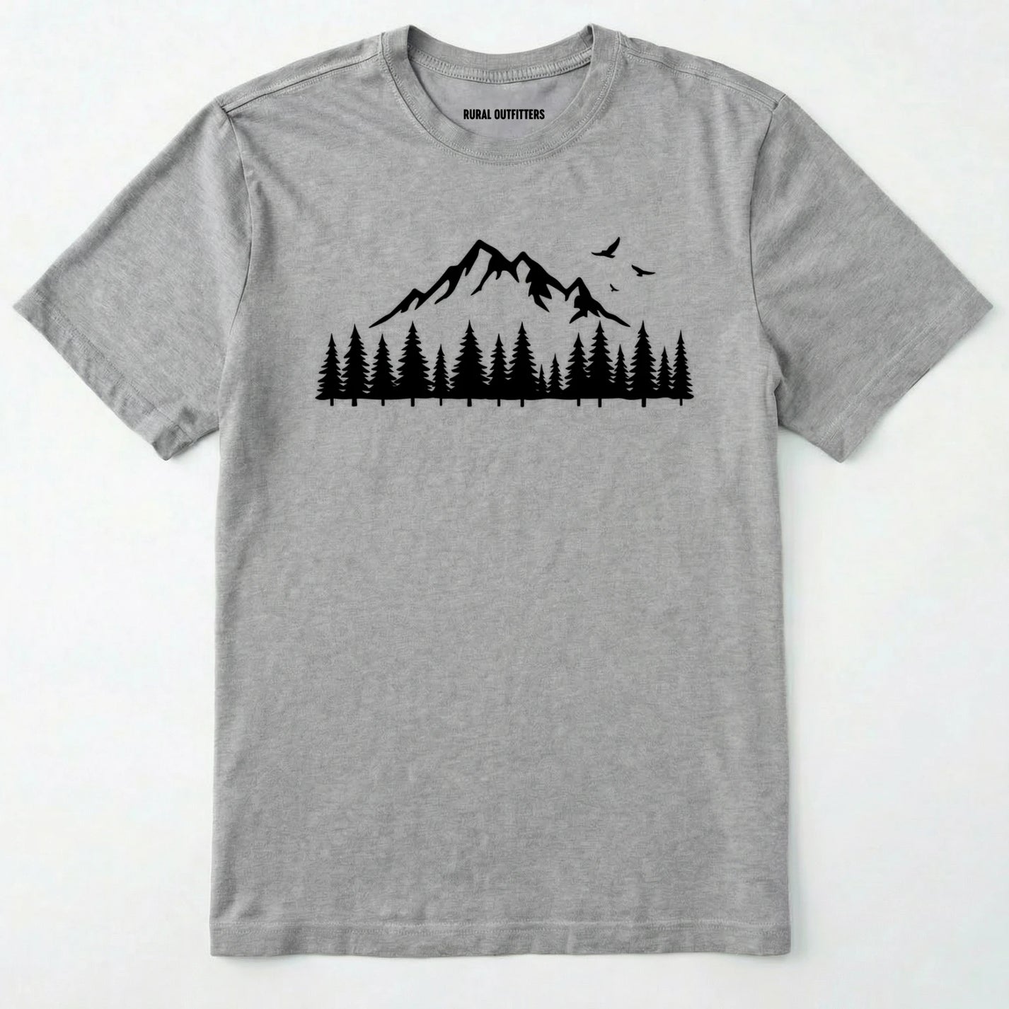 Sport Grey wild t-shirt with a minimalist mountain and pine tree graphic on a white background.
