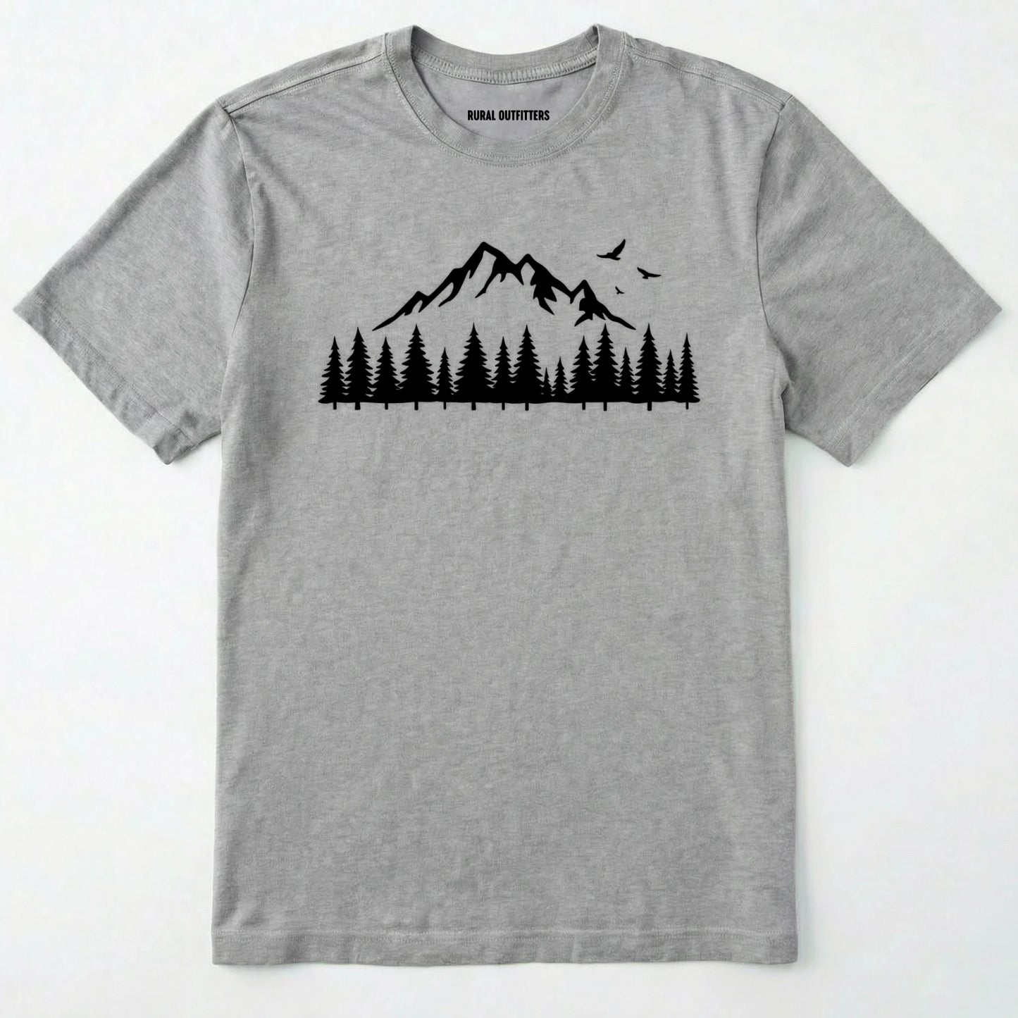 Sport Grey wild t-shirt with a minimalist mountain and pine tree graphic on a white background.