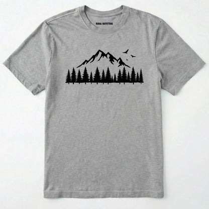 Sport Grey wild t-shirt with a minimalist mountain and pine tree graphic on a white background.