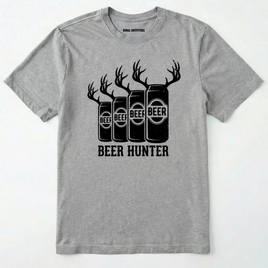Sport Grey t-shirt with 'beer hunter' graphic design on a white background