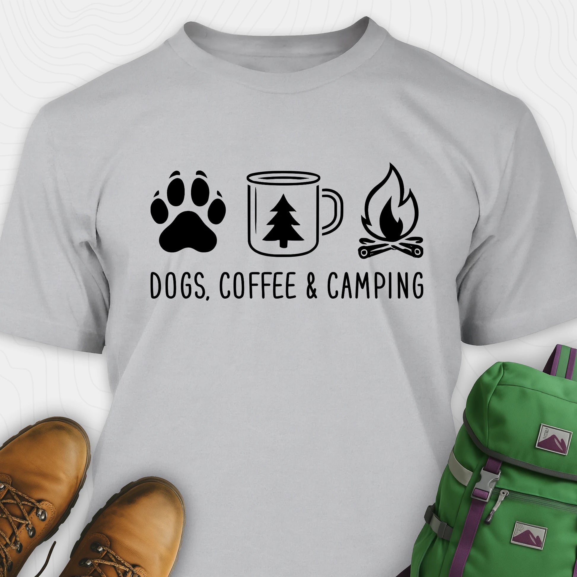 Gray camping dog shirt with paw print, coffee mug and campfire design