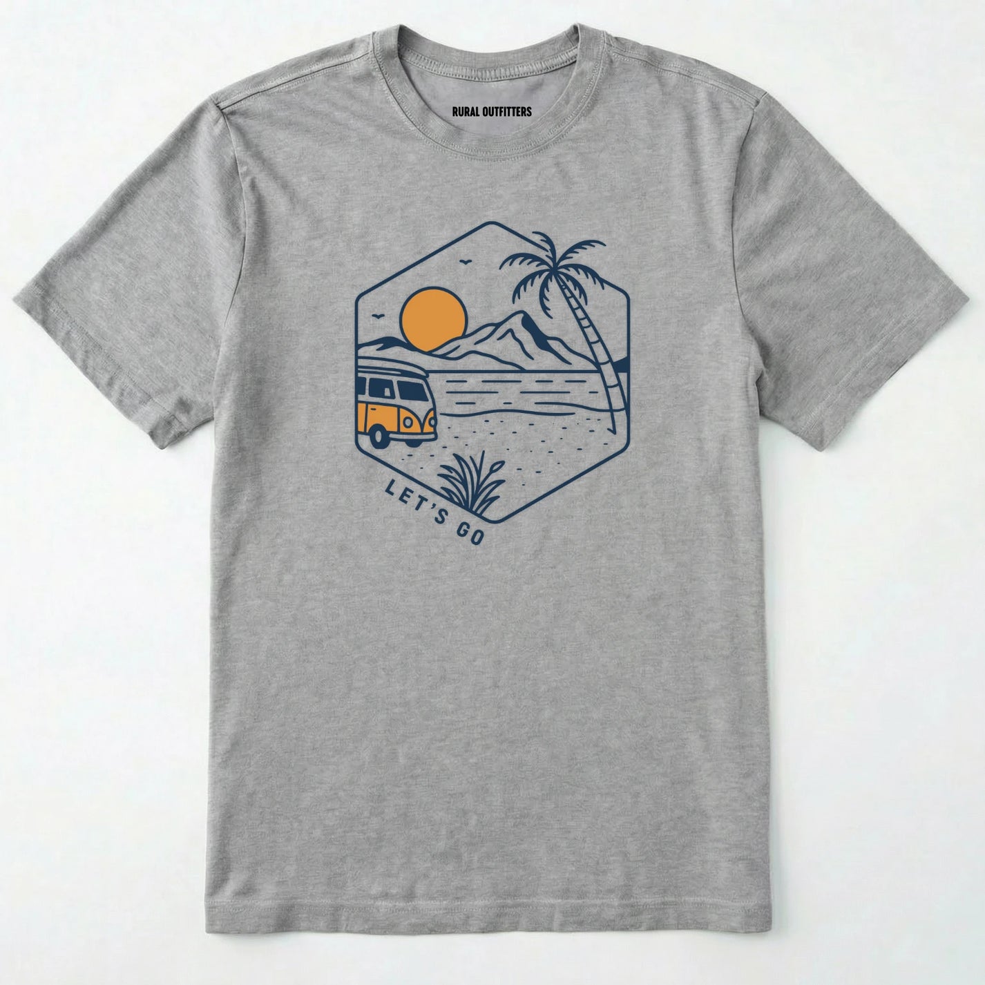 Sport Grey let⊙s go t-shirt with retro camper van and sunset graphic, and green backpack on a white background