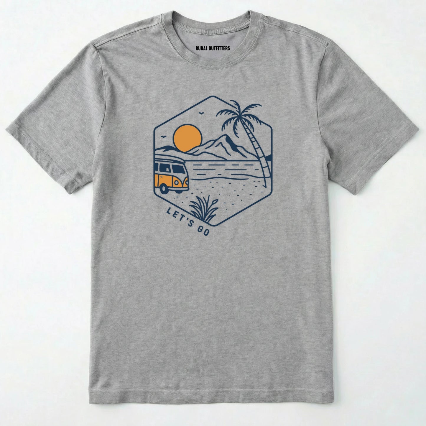 Sport Grey let⊙s go t-shirt with retro camper van and sunset graphic, and green backpack on a white background