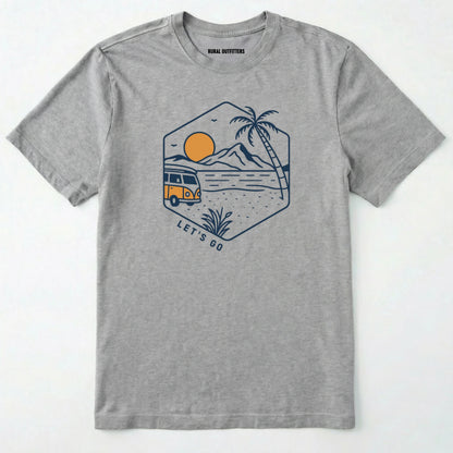 Sport Grey let⊙s go t-shirt with retro camper van and sunset graphic, and green backpack on a white background
