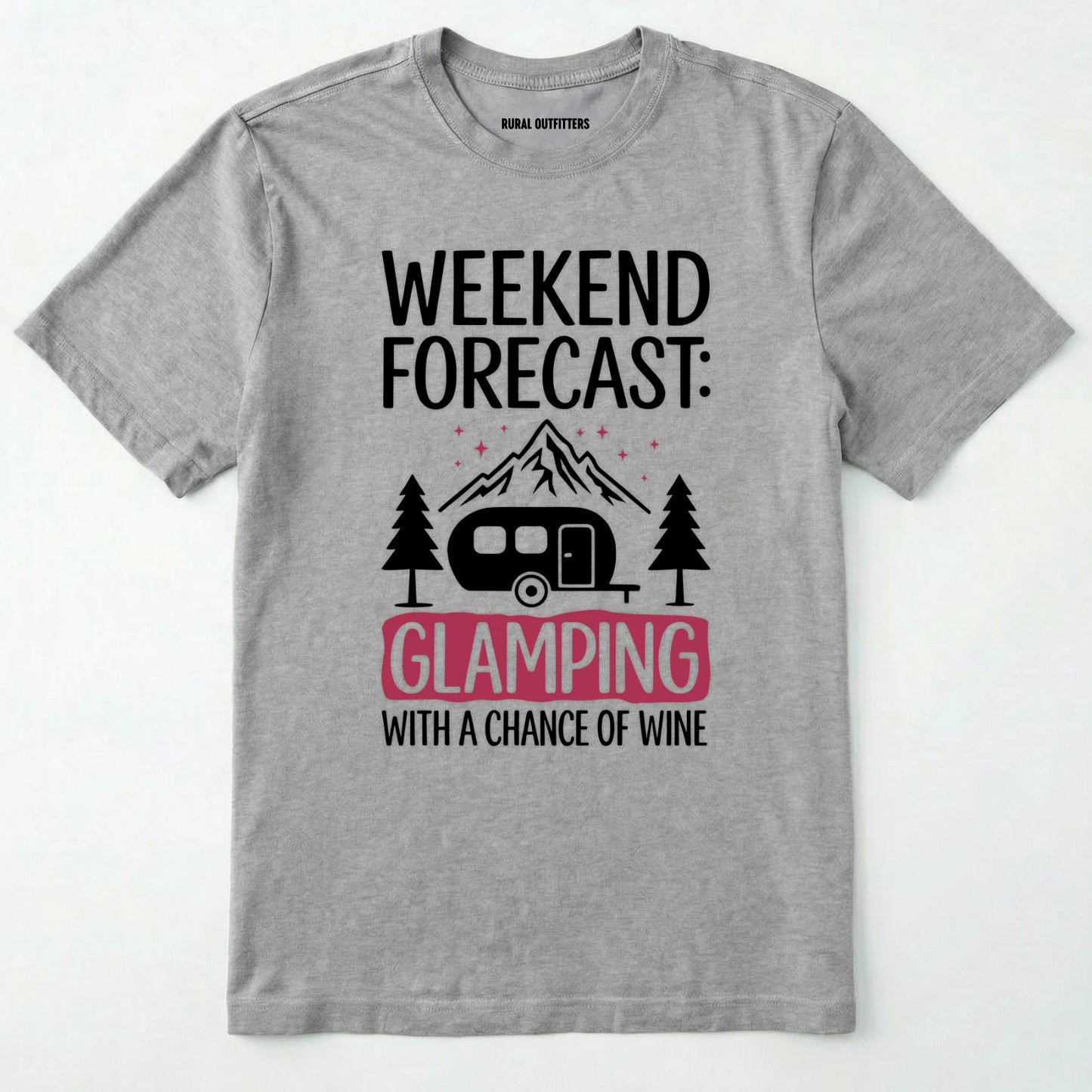 Sport Grey glamping shirt with camping trailer and forest illustration on a white background.