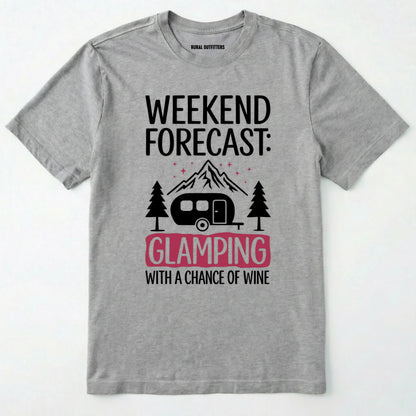Sport Grey glamping shirt with camping trailer and forest illustration on a white background.