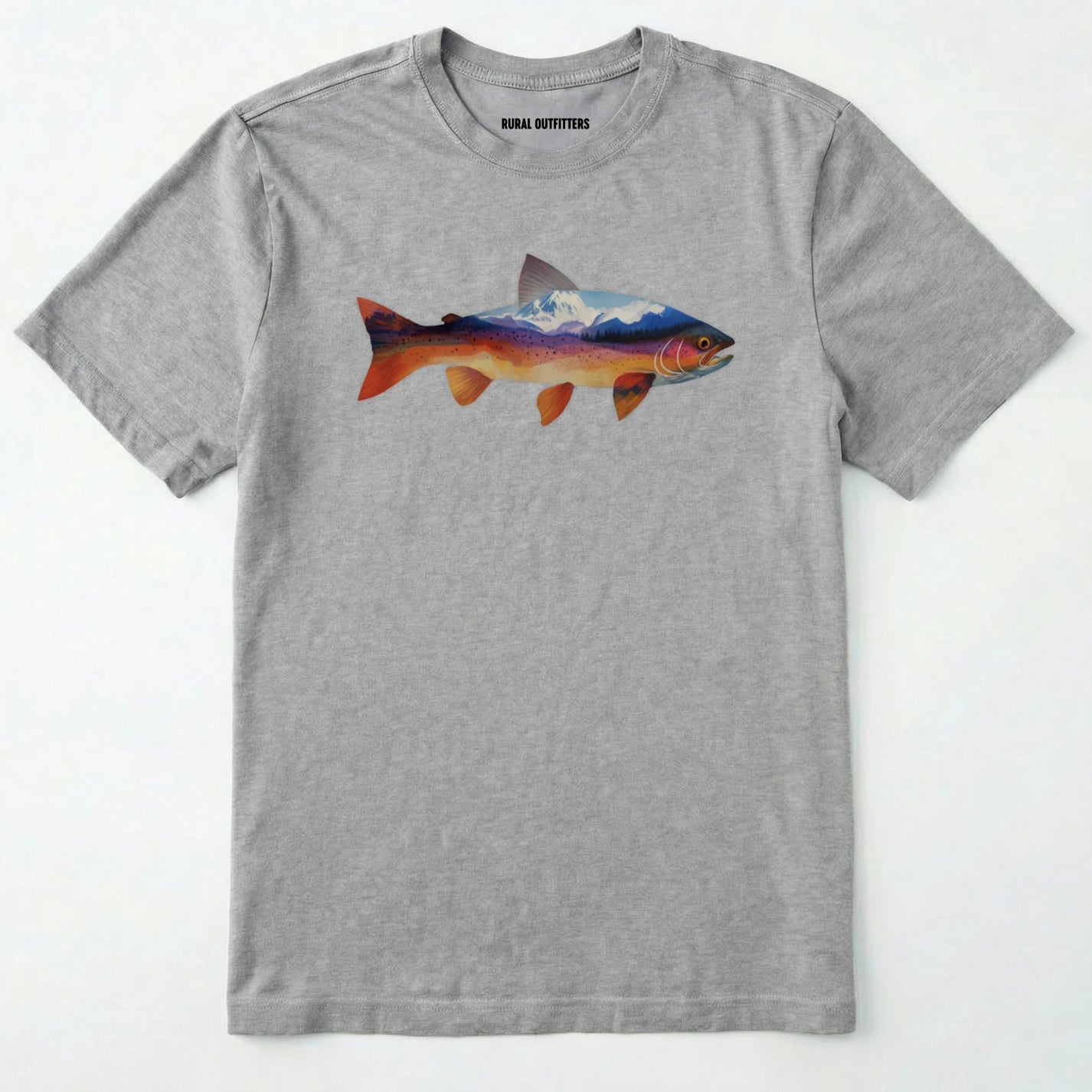 Sport Grey fish shirt with a colorful trout and mountain landscape graphic on a white background.
