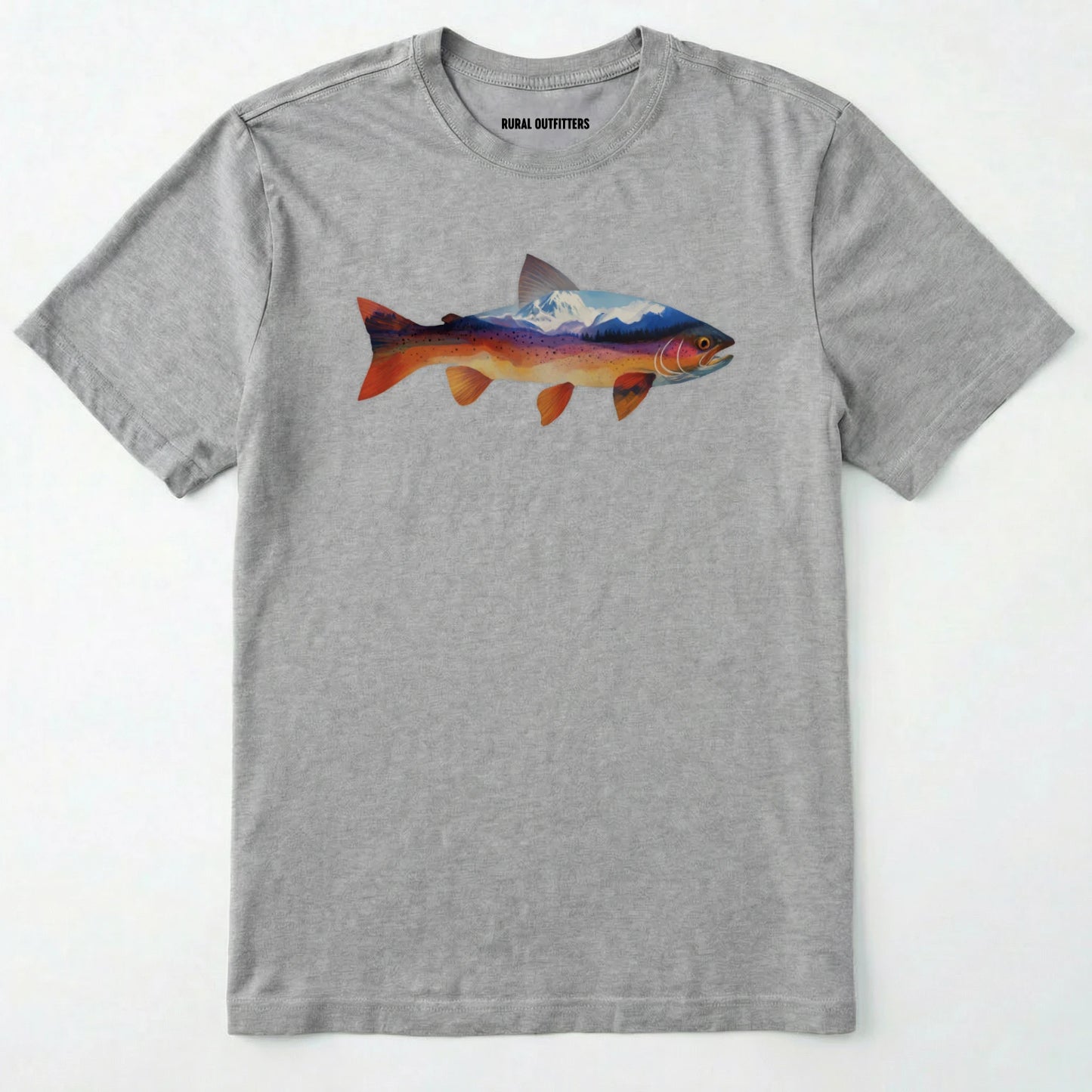 Sport Grey fish shirt with a colorful trout and mountain landscape graphic on a white background.