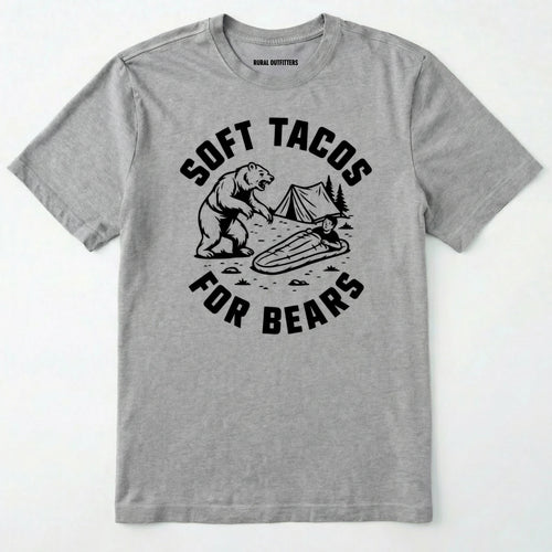 Sport Sport Grey funny bear shirt with bear graphic and text 'Soft Tacos for Bears' on a white background.