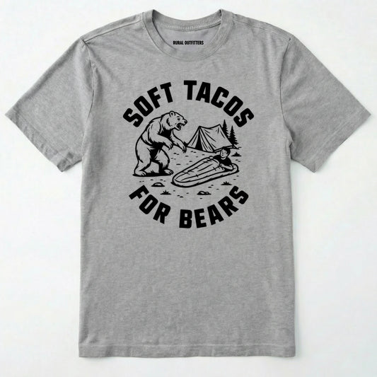 Sport Sport Grey funny bear shirt with bear graphic and text 'soft tacos for bears' on a white background.