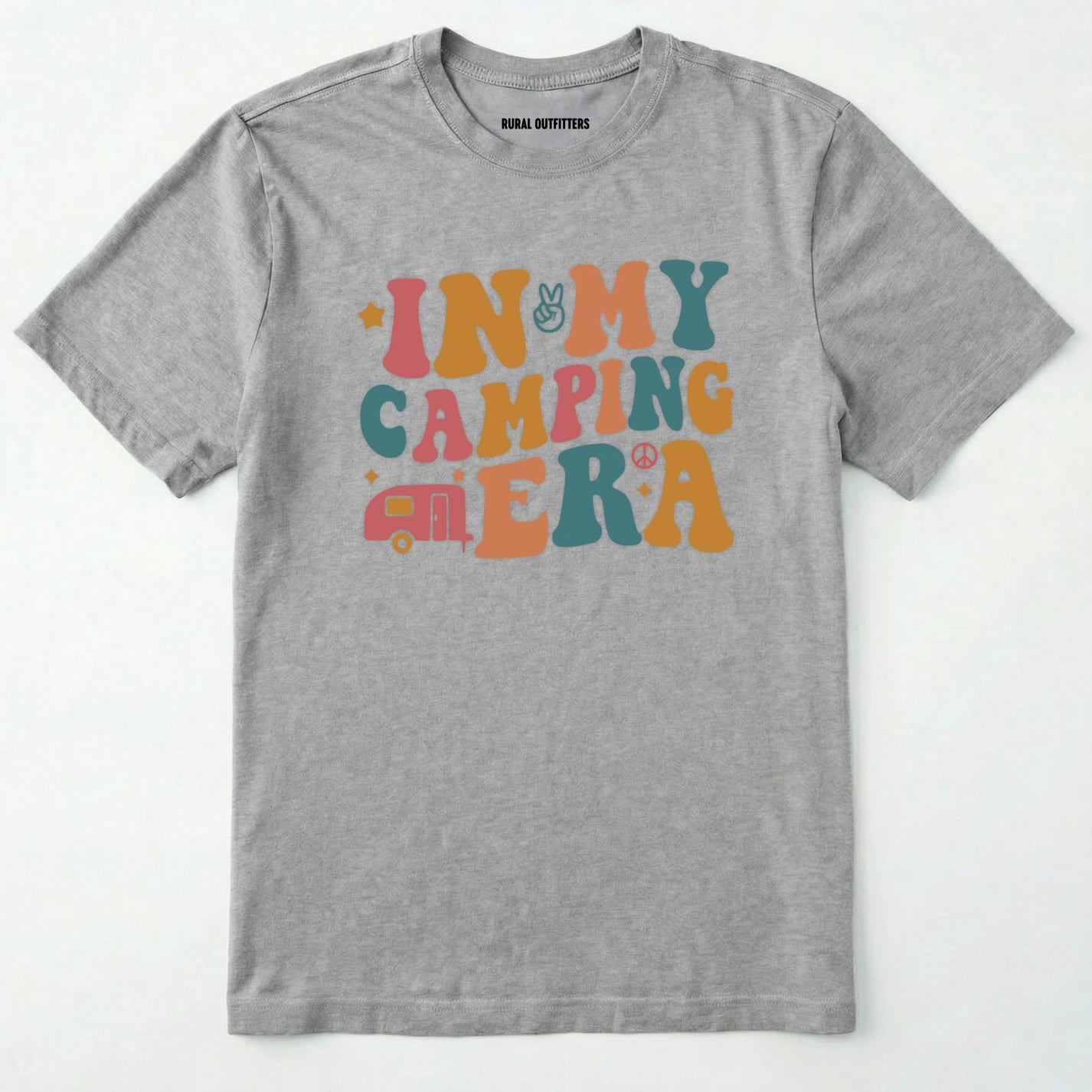Sport Grey cute camping shirt with colorful retro ⊜in my camping era⊝ graphic on a white background.