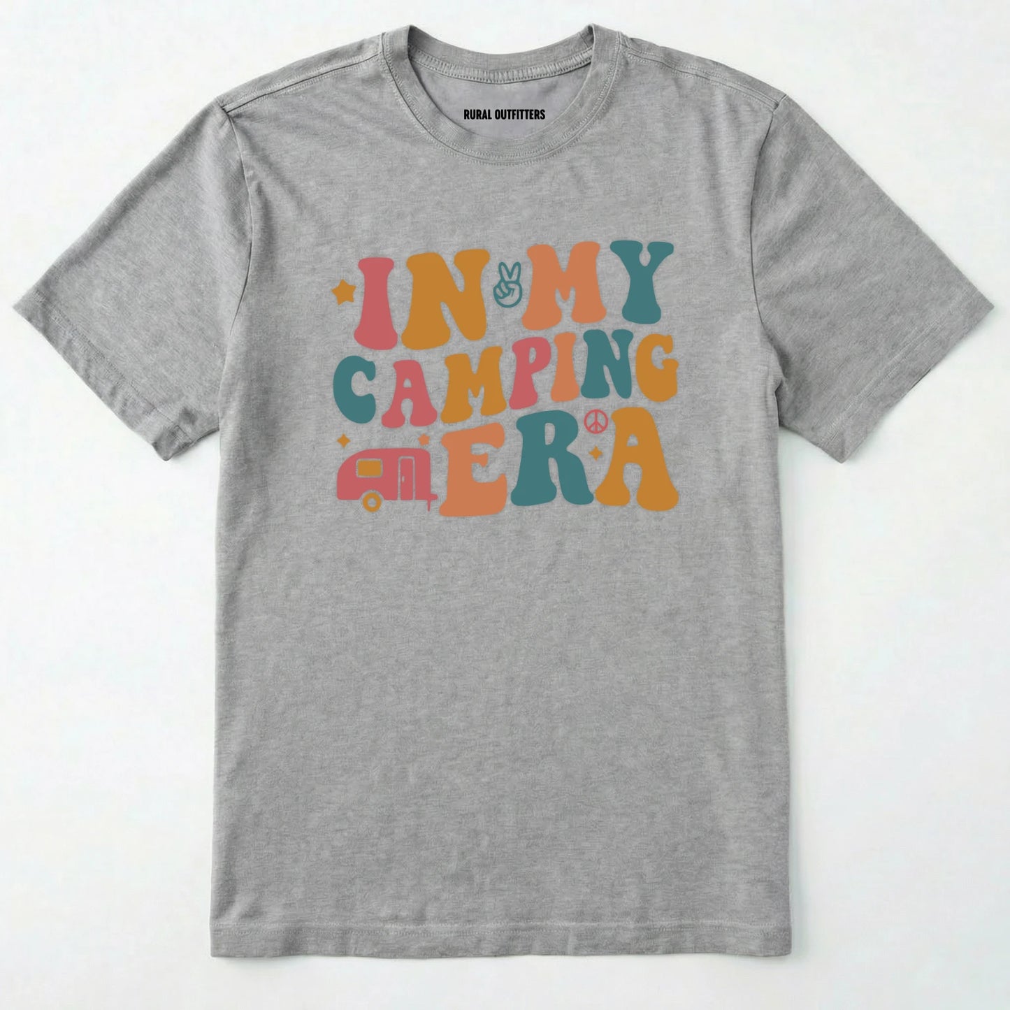 Sport Grey cute camping shirt with colorful retro ⊜in my camping era⊝ graphic on a white background.
