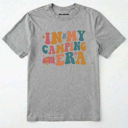 Sport Grey cute camping shirt with colorful retro ⊜in my camping era⊝ graphic on a white background.