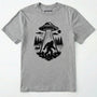 Sport Grey monster shirt with bigfoot, a forest scene, and a ufo beam graphic on a white background.