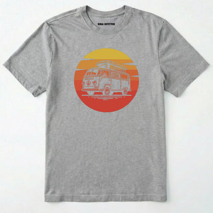 Sport Grey camper shirt featuring a vintage rv design with a warm sunset.