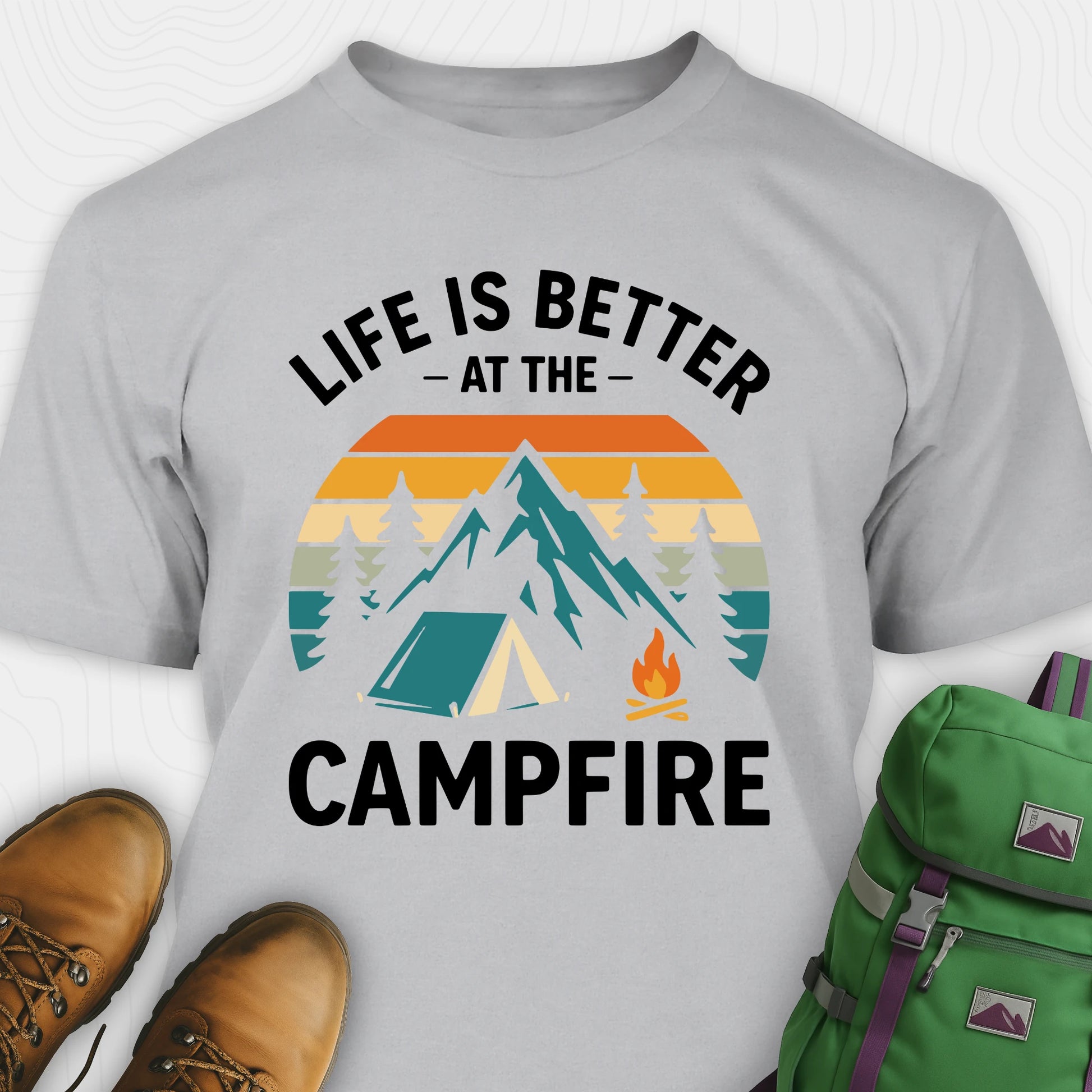 Gray life is better around the campfire shirt with tent, campfire, sunset and retro mountain graphic design