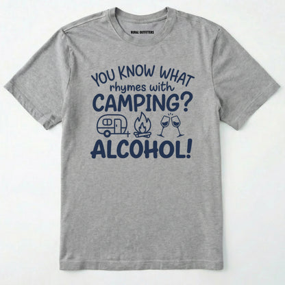 Sport Grey you know what rhymes with camping alcohol shirt with camper, fire, and wine glass graphics on a white background.