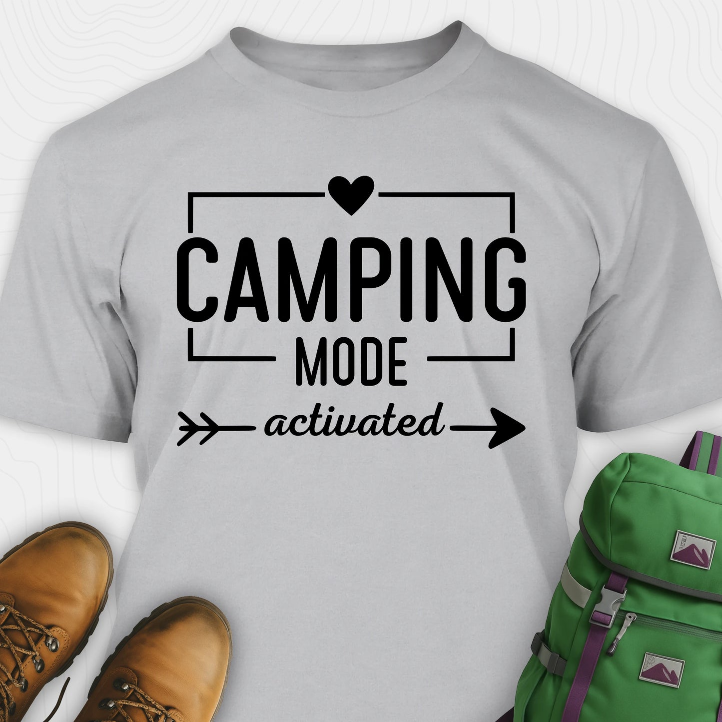 Gray camping mode activated shirt with heart and arrow design